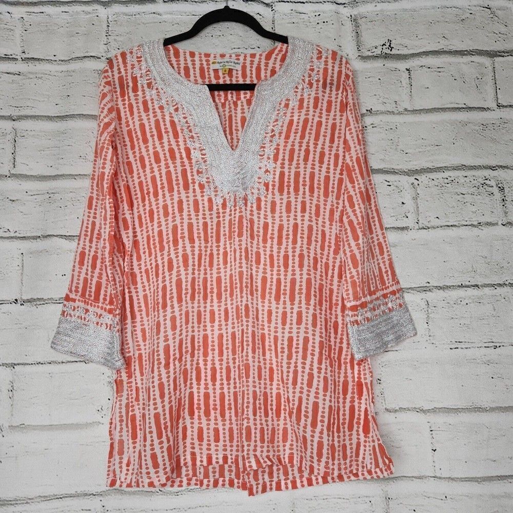Roberta Roller Rabbit Embroidered Kurta Tunic Blouse Top Pink Coral Metallic S